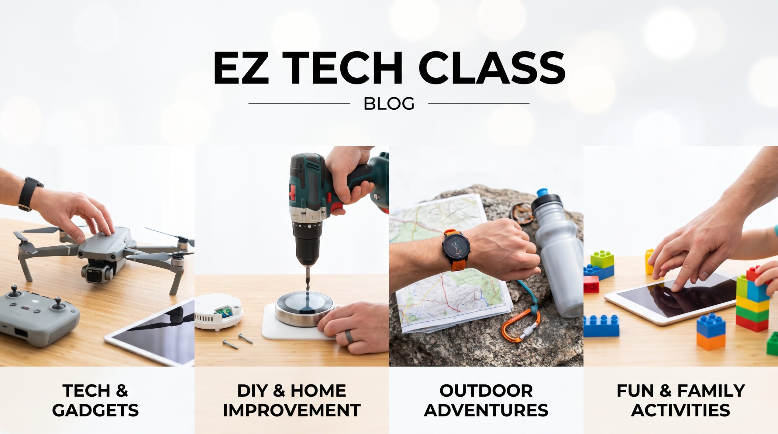 EZ TECH CLASS about page banner showing tech, DIY, outdoor adventures, and family activities